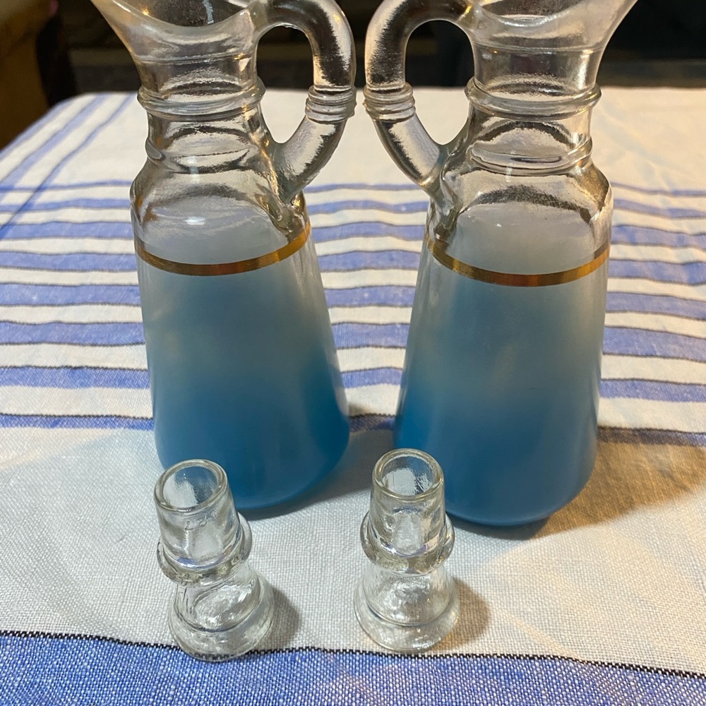 Pair of Vintage 1960’s Anchor Hocking Glass Cruets with Gold Trim